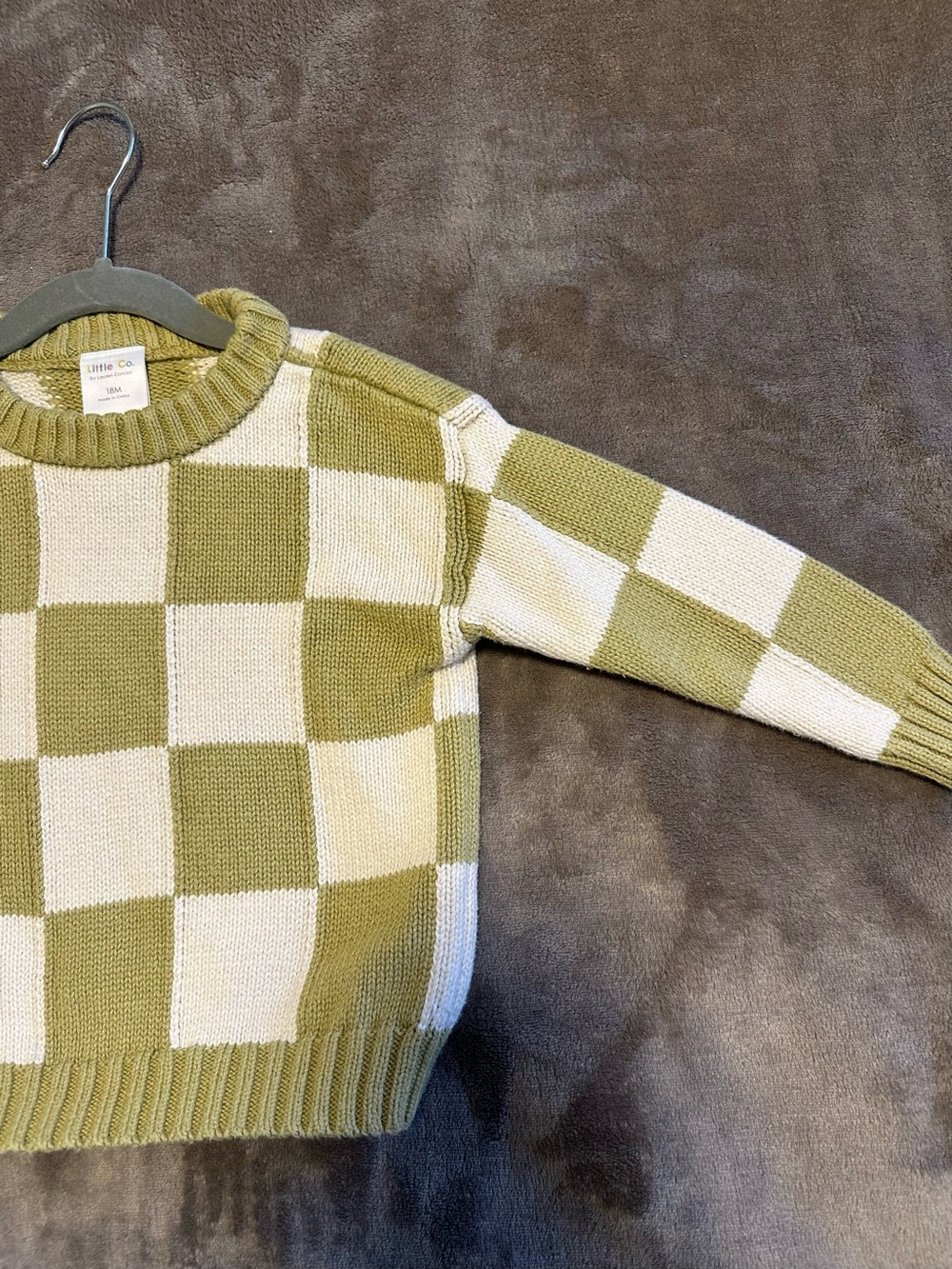 Oversized Little Co Olive and Cream Checkered Knit Sweater - 18M - Picture 3 of 5
